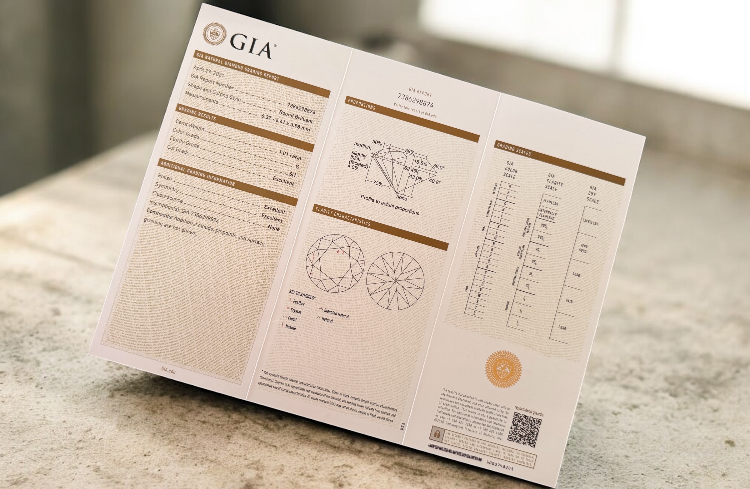 GIA certifikát s diagramou diamantu